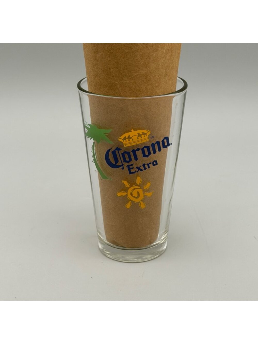 Corona Extra Pint Glass Tropical Design 16 Oz Clear With Palm Tree & Sun Accents